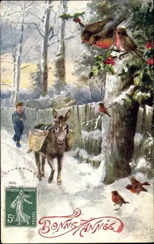 Ak Glückwunsch Neujahr, Esel, Junge, Vögel am Baum