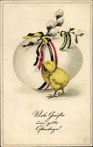 Ak Glückwunsch Ostern, Küken, Weidenkätzchen, Osterei, Kaiserliche Fahne