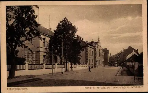 Ak Friemersheim Duisburg im Ruhrgebiet, Kaiserstraße mit Rathaus und Postamt