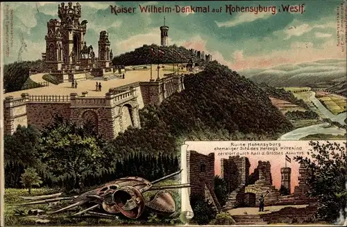 Künstler Ak Hohensyburg Syburg Dortmund im Ruhrgebiet, Kaiser Wilhelm Denkmal auf Hohensyburg, Ruine