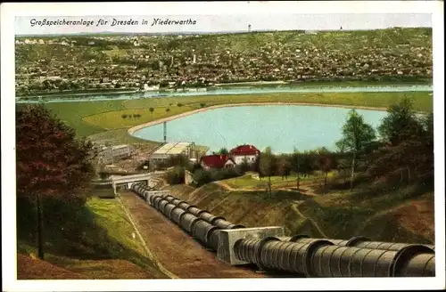 Ak Dresden Cossebaude Niederwartha, Großspeicheranlage für das Niederwarthaer Staubecken