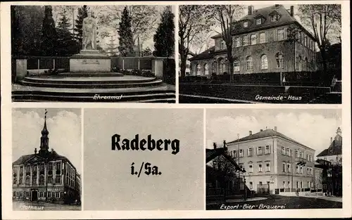 Ak Radeberg Sachsen, Ehrenmal, Gemeindehaus, Rathaus, Export Bier Brauerei