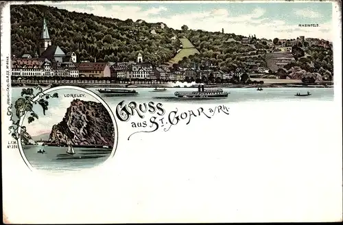 Litho Sankt Goar am Rhein, Teilansicht, Rheinfels, Loreley