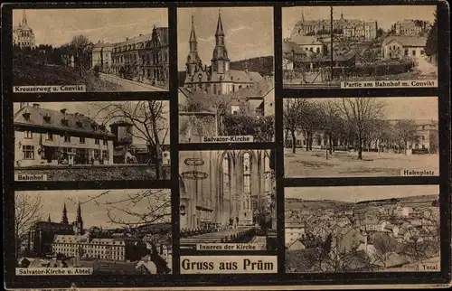 Ak Prüm in der Eifel, Salvatorkirche, Totale, Hahnplatz, Bahnhof m. Convikt, Kreuzerweg
