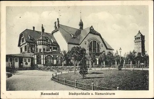 Ak Remscheid im Bergischen Land, Stadtparkhalle und Bismarckturm