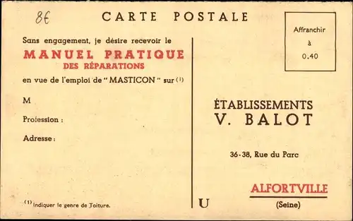 Ak Reklame, Masticon, Etablissements V. Balot, Alfortville