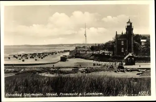 Ak Ustka Stolpmünde Pommern, Strand, Promenade, Lotsenturm