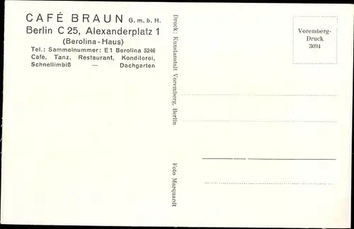 Ak Berlin Mitte, Café Braun GmbH, Alexanderplatz 1, Berolina Haus, Innenansicht