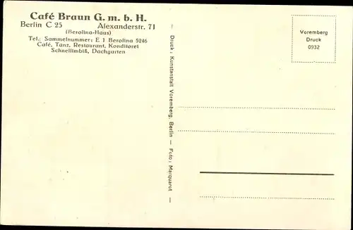 Ak Berlin Mitte, Café Braun, Alexanderstraße 71, Berolina Haus, Innenansicht