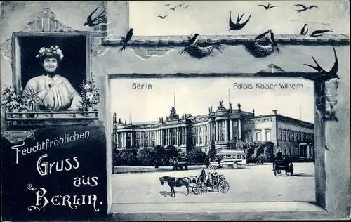 Passepartout Ak Berlin Mitte, Palais Kaiser Wilhelm I, Frau am Fenster, Kutsche