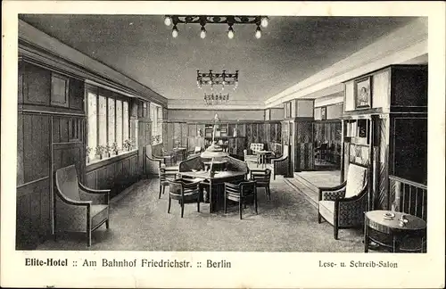 Ak Berlin Mitte, Elite Hotel, Am Bahnhof Friedrichstraße, Innenansicht, Lese und Schreib Salon