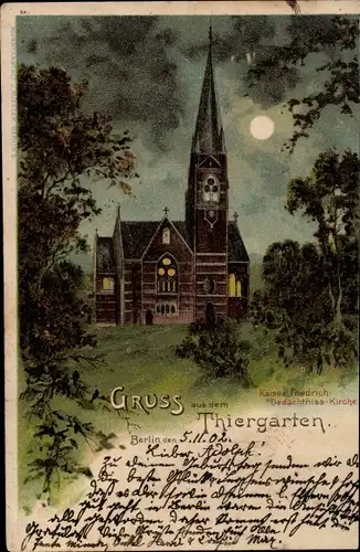 Mondschein Litho Berlin Tiergarten, Kaiser Friedrich-Gedächtnis-Kirche