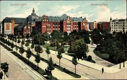 Ak Berlin Schöneberg, Straßenbahn passiert den Wartburg Platz