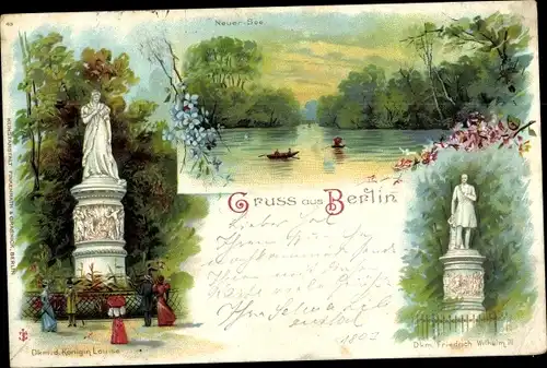 Litho Berlin Tiergarten, Denkmal der Königin Luise, Neuer See, Friedrich Wilhelm