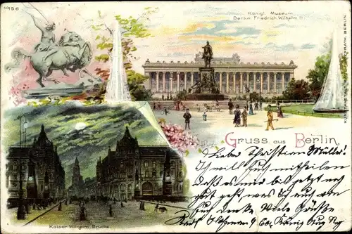 Litho Berlin, Kaiser Wilhelm Brücke, Königl. Museum, Denkmal Wilhelm Friedrich III.