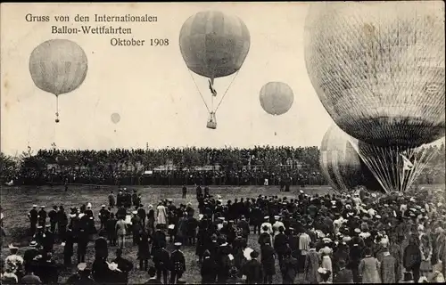 Ak Berlin Charlottenburg, Internationale Ballonwettfahrten 1908, Gasballons, Zuschauer