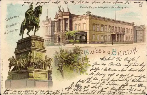 Litho Berlin Mitte, Denkmal Friedrich d. Grossen, Kaiser Wilhelm Palais