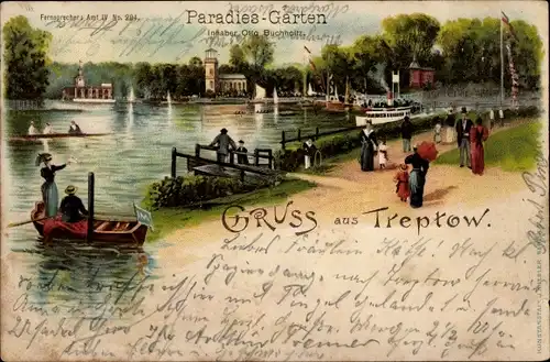 Litho Berlin Treptow, Parkanlage, Spreepartie, Paradies Garten