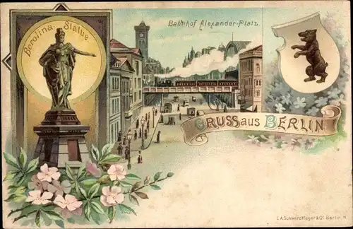 Litho Berlin Mitte, Bahnhof Alexanderplatz, Berolina Statue