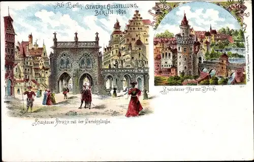 Litho Berlin Mitte, Gewerbeausstellung, Spandauer Tor mit Brücke, Gerichtslaube, Spandauer Straße