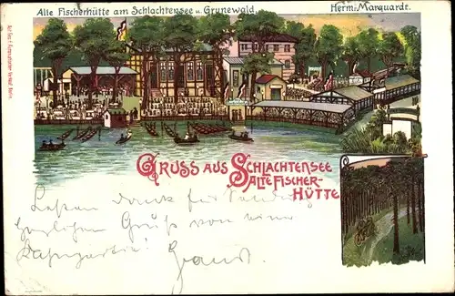 Litho Berlin Zehlendorf, Alte Fischerhütte am Schlachtensee, Bes. Herm. Marquardt