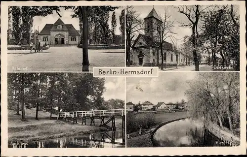 Ak Berlin Reinickendorf Hermsdorf, Bahnhof, Dorfkirche, Fliess, Dorfkirche