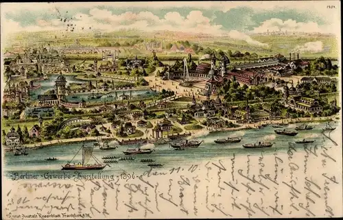 Litho Berlin Treptow, Gewerbeausstellung von 1896, Vogelperspektive auf die Stadt, Boote