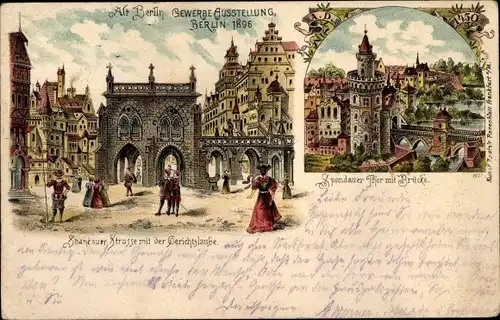 Litho Berlin, Gewerbeausstellung 1896, Spandauer Straße, Gerichtslaube, Spandauer Tor, Brücke