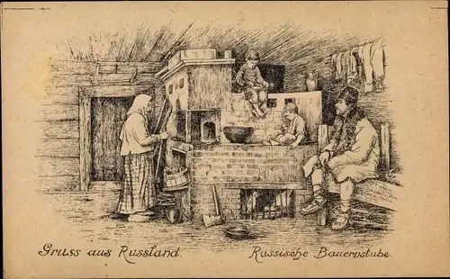 Ak Russische Bauernstube, Bauern, Kinder, Wäsche
