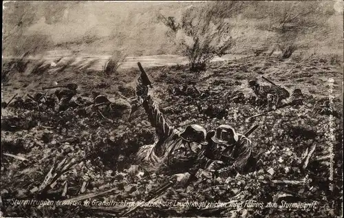 Ak Sturmtruppen erwarten das Leuchtkugelzeichen ihres Führers zum Sturmangriff, I. WK