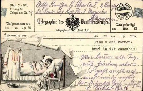 Ak Kranker Soldat im Bett, Thermometer, Wäsche, Medikamente