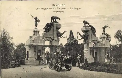 Ak Hamburg Eimsbüttel Stellingen, Carl Hagenbecks Tierpark, Haupteingang, Elefantentor, Auto