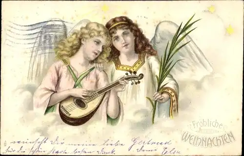 Präge Ak Frohe Weihnachten, Zwei Engel mit Laute, Palmenblatt