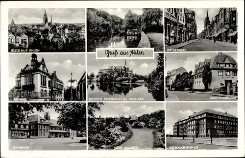 Ak Ahlen im Münsterland Westfalen, Bahnhof, Rathaus, Oststraße, Gerichtsstraße, Kloster