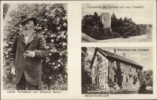 Ak Mechtshausen Seesen in Niedersachsen, Wilhelm Busch, Portrait mit Zigarre, Grabstätte, Wohnhaus