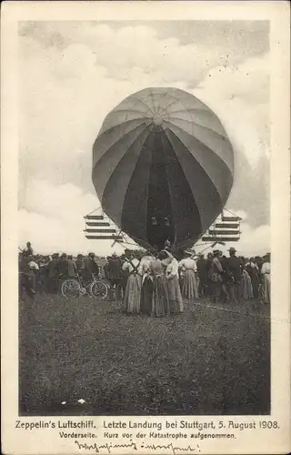 Ak Stuttgart in Baden Württemberg, Zeppelin's Luftschiff Modell 4 1908, letzte Landung