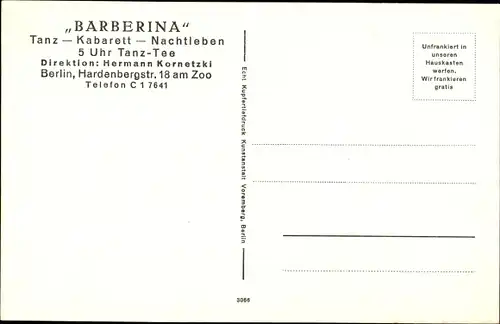 Ak Berlin Charlottenburg, Etablissement Barberina, Inh. Hermann Kornetzki, Hardenbergstraße 18