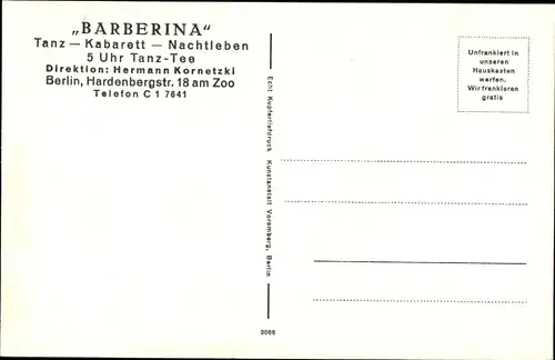 Ak Berlin Charlottenburg, Etablissement Barberina, Inh. Hermann Kornetzki, Hardenbergstraße 18