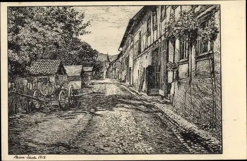Künstler Ak Schiele, Maria, Straßenpartie in einem Ort, Karren, Fachwerkhaus