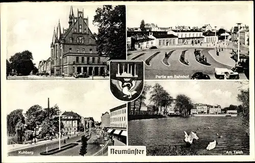 Ak Neumünster in Schleswig Holstein, Rathaus, Kuhberg, Partie am Bahnhof, Teich, Schwan, Wappen