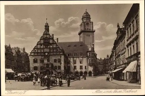 Ak Plauen im Vogtland, Altes und neues Rathaus, Marktplatz, Geschäfte, Passanten