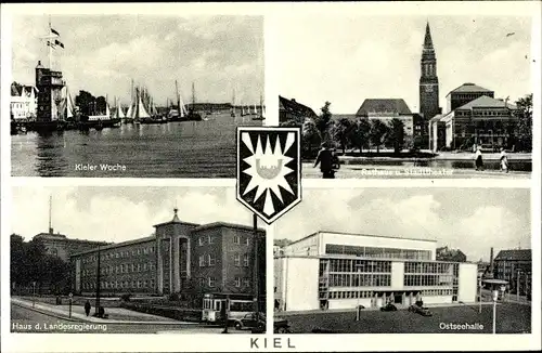 Ak Kiel, Kieler Woche, Rathaus, Stadttheater, Ostseehalle, Landesregierung, Wappen