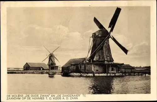 Ak Zaandam Zaanstad Nordholland, de Molens de oude Zwan en de Zaadzaaier