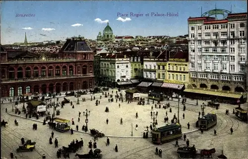 Ak Brüssel, Gare du Nord et Place Rogier, Hotel Palace, Straßenbahnen