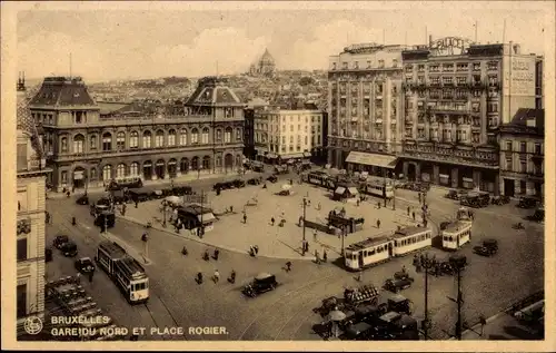 Ak Brüssel, Gare du Nord et Place Rogier, Straßenbahn am Nordbahnhof