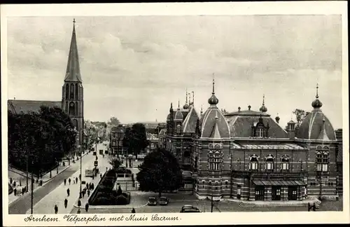 Ak Arnhem Gelderland Niederlande, Velpersplein met Musis Lacrum, Kirche