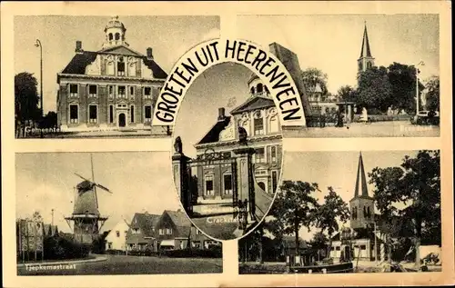 Ak Heerenveen Friesland Niederlande, Gemeentehuis, Kirche, Windmühle, Tjepkemastraat