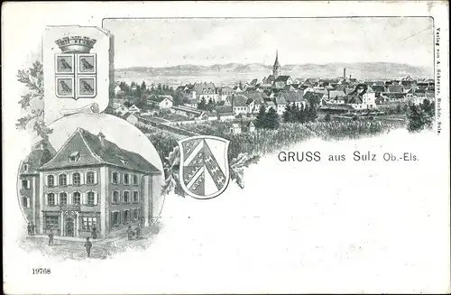 Ak Soultz Sulz Elsass Haut Rhin, Panorama, Gebäude, Wappen