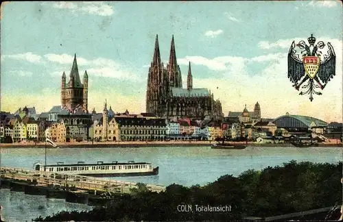 Ak Köln am Rhein, Totalansicht vom Rhein, Schiff, Dom, Wappen