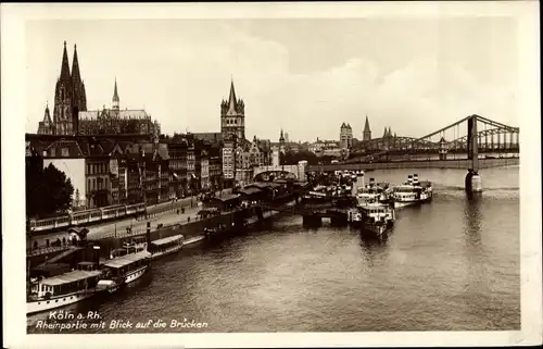 Ak Köln am Rhein, Rheinpartie mit Blick auf die Brücken, Dom, Dampfschiffe, Straßenbahn